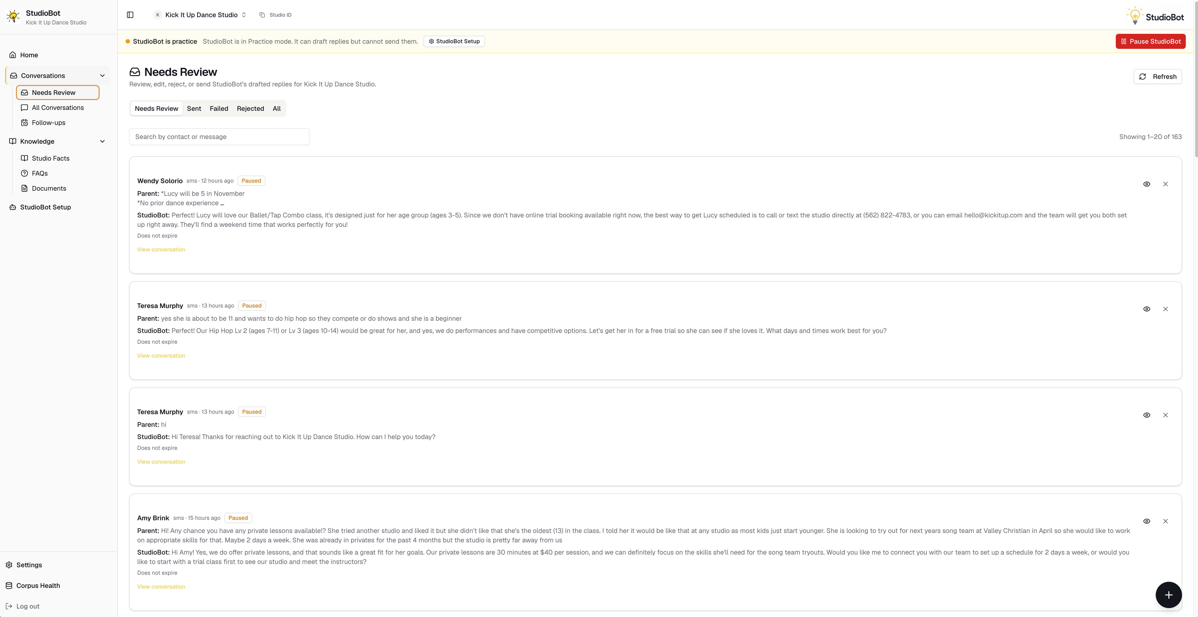 StudioBot Needs Review inbox showing parent messages and StudioBot's drafted replies for a dance studio