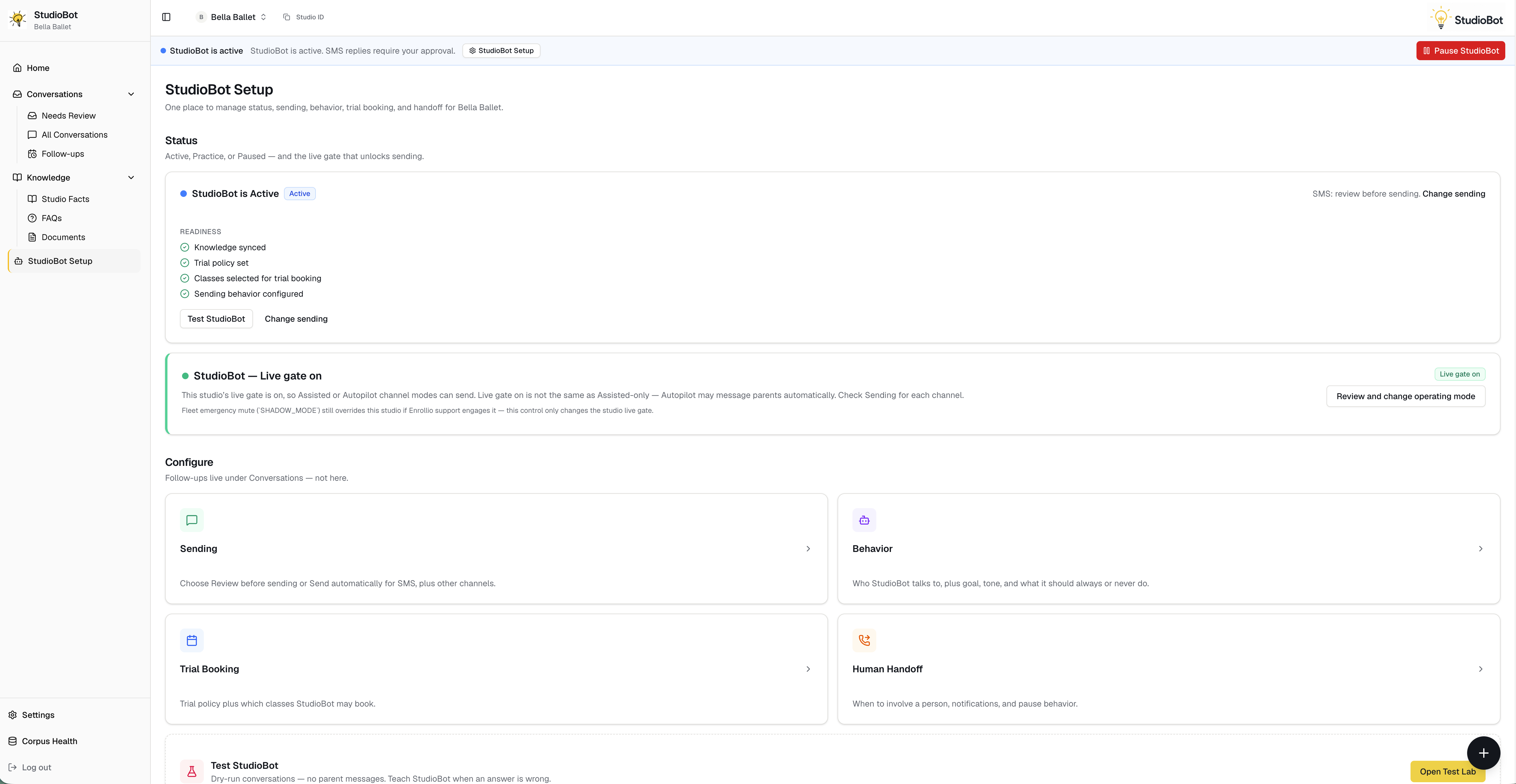 StudioBot Setup screen showing status, readiness checklist, live gate, and configuration options